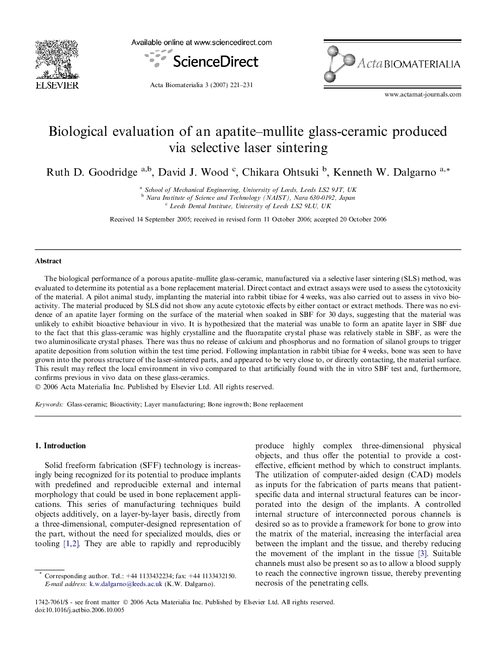 Biological evaluation of an apatite–mullite glass-ceramic produced via selective laser sintering