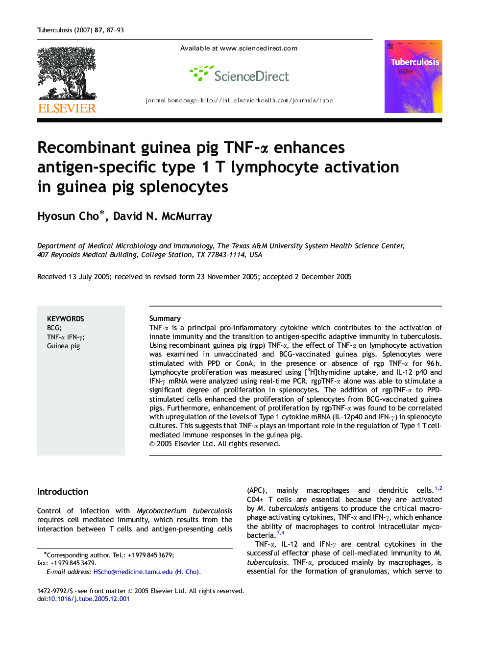 Recombinant guinea pig TNF-α enhances antigen-specific type 1 T lymphocyte activation in guinea pig splenocytes