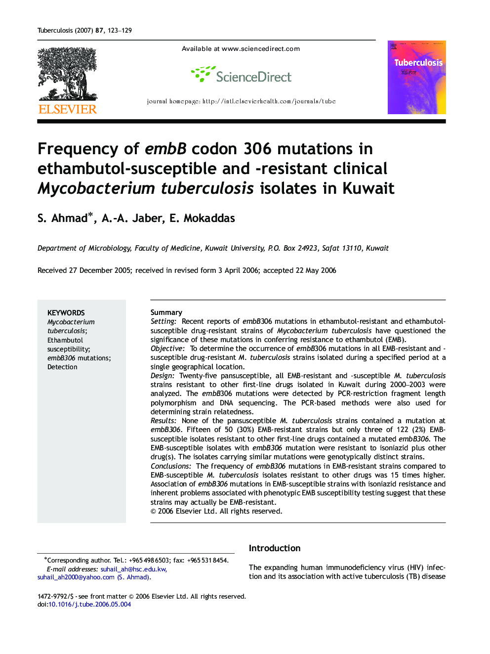 Frequency of embB codon 306 mutations in ethambutol-susceptible and -resistant clinical Mycobacterium tuberculosis isolates in Kuwait