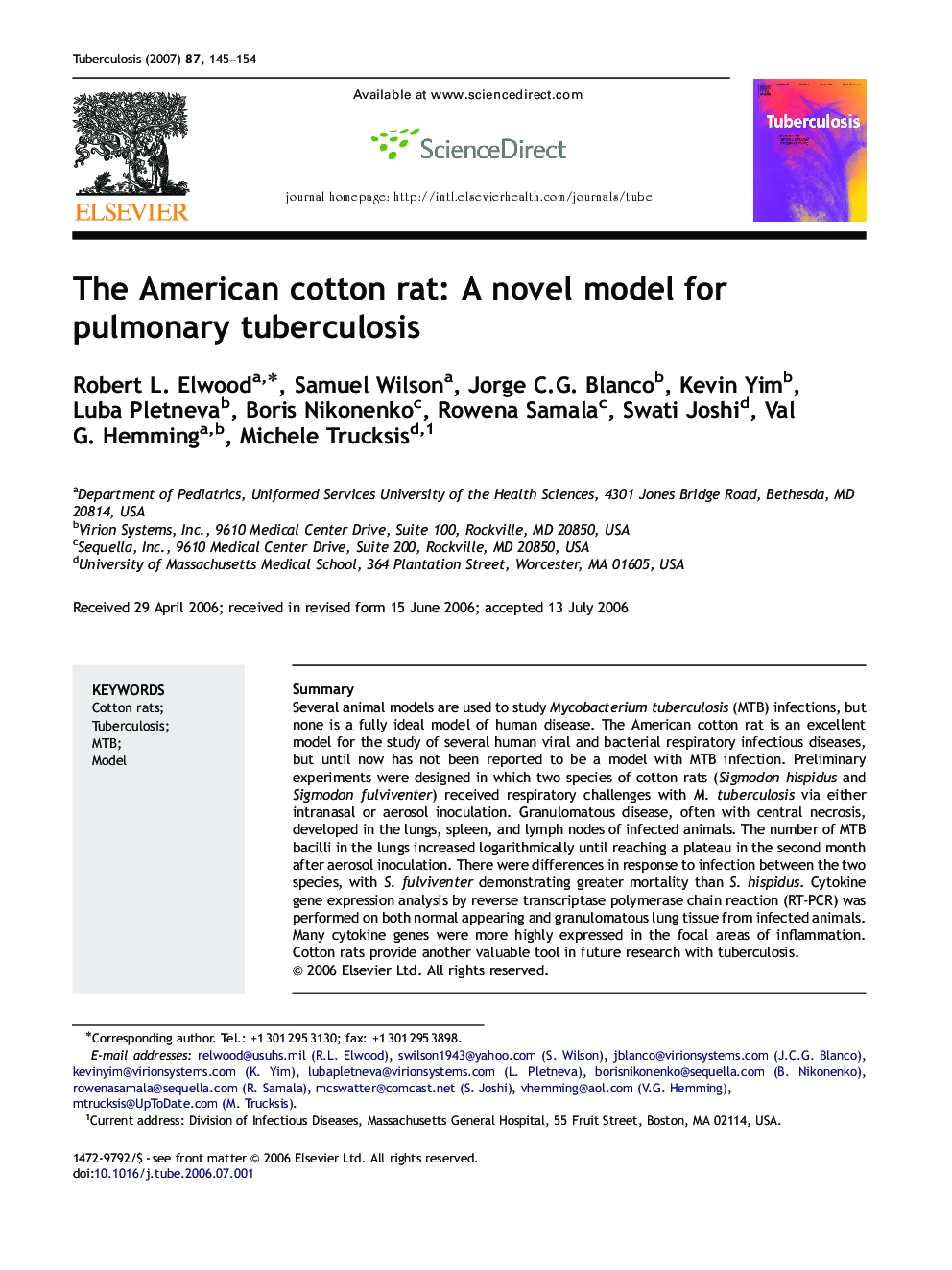 The American cotton rat: A novel model for pulmonary tuberculosis