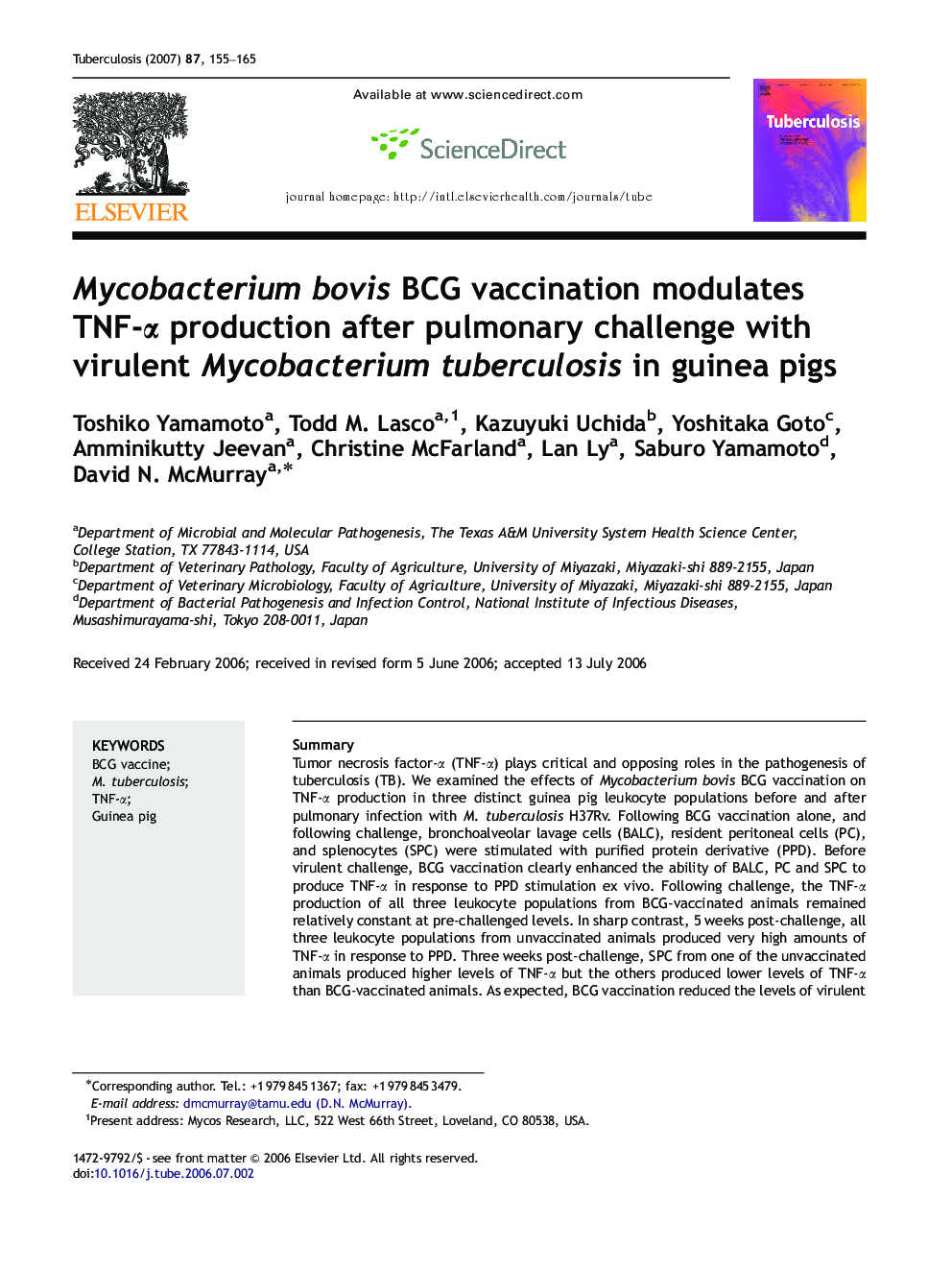 Mycobacterium bovis BCG vaccination modulates TNF-α production after pulmonary challenge with virulent Mycobacterium tuberculosis in guinea pigs