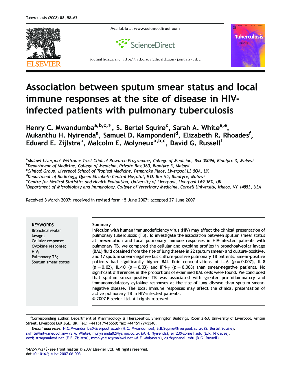 Association between sputum smear status and local immune responses at the site of disease in HIV-infected patients with pulmonary tuberculosis