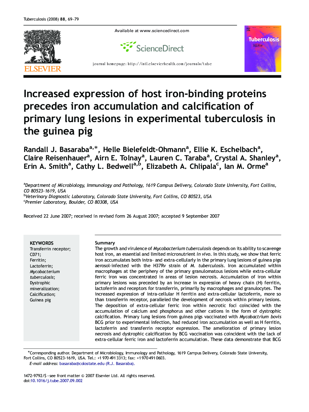 Increased expression of host iron-binding proteins precedes iron accumulation and calcification of primary lung lesions in experimental tuberculosis in the guinea pig