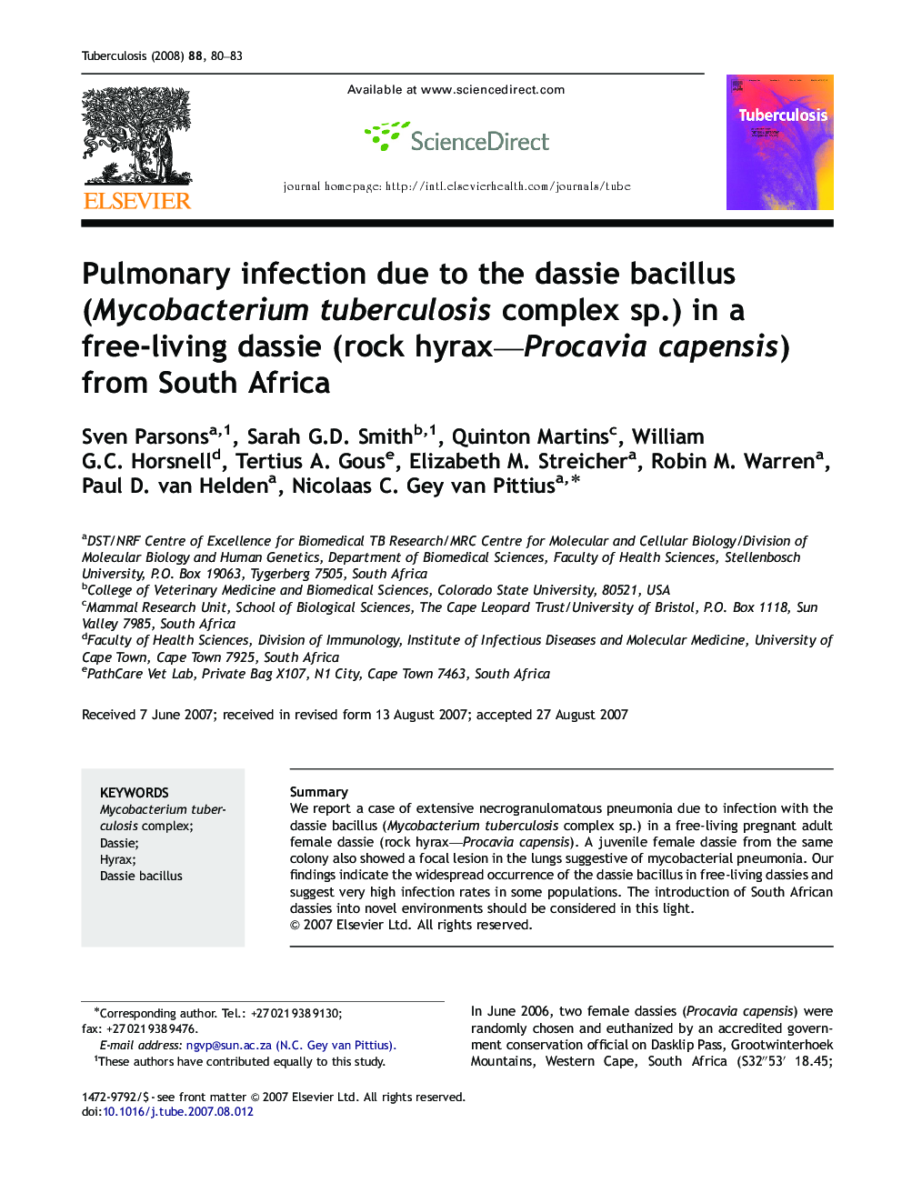 Pulmonary infection due to the dassie bacillus (Mycobacterium tuberculosis complex sp.) in a free-living dassie (rock hyrax—Procavia capensis) from South Africa