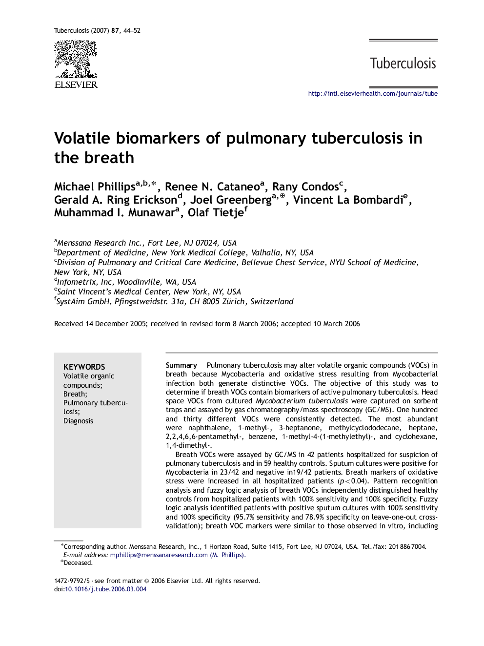 Volatile biomarkers of pulmonary tuberculosis in the breath
