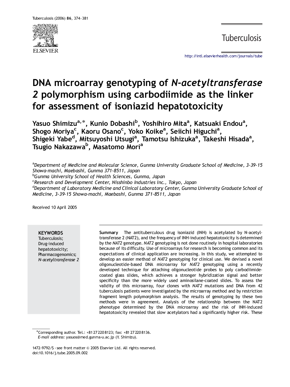 DNA microarray genotyping of N-acetyltransferase 2 polymorphism using carbodiimide as the linker for assessment of isoniazid hepatotoxicity