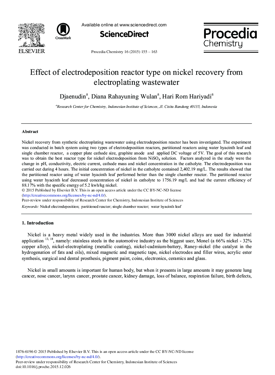 Effect of Electrodeposition Reactor Type on Nickel Recovery from Electroplating Wastewater 