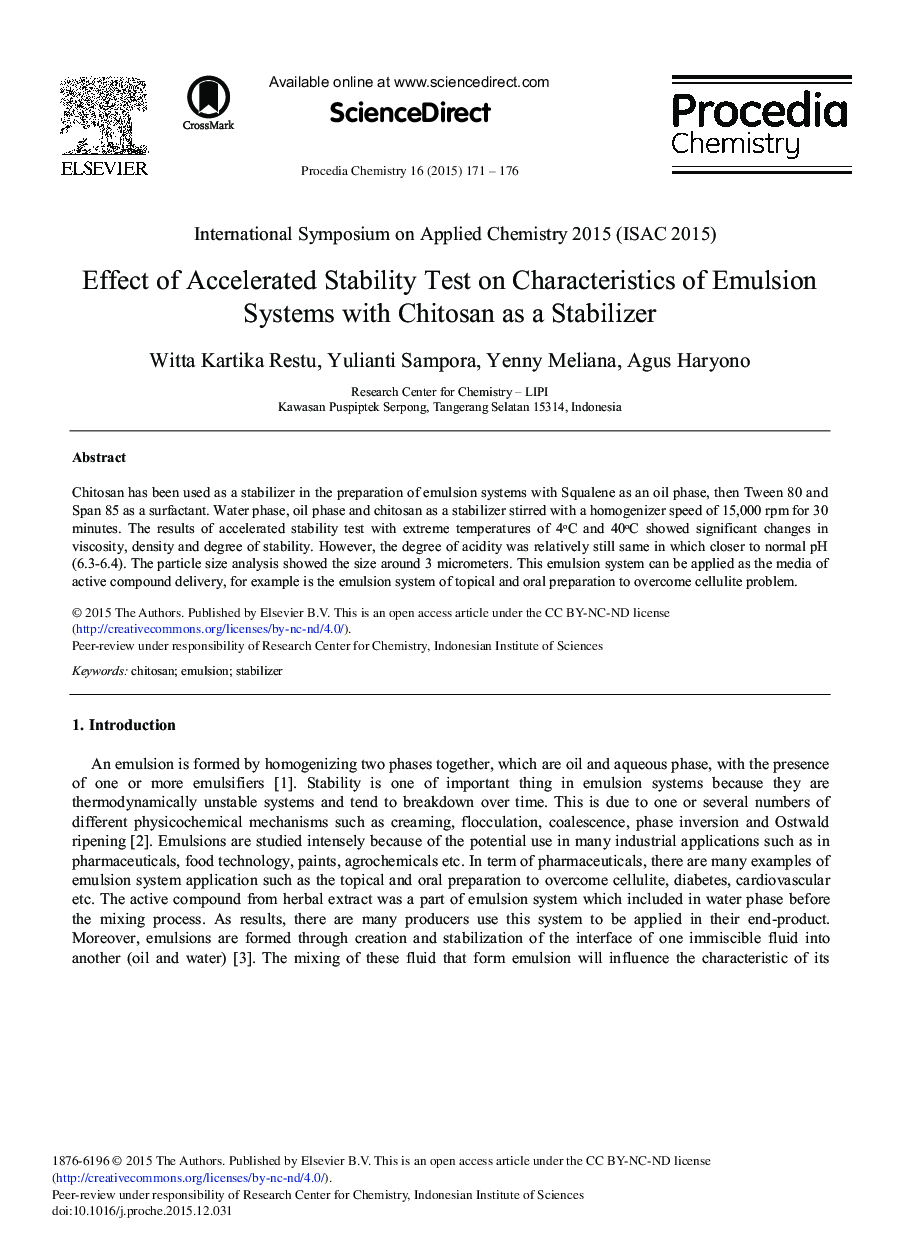 Effect of Accelerated Stability Test on Characteristics of Emulsion Systems with Chitosan as a Stabilizer 