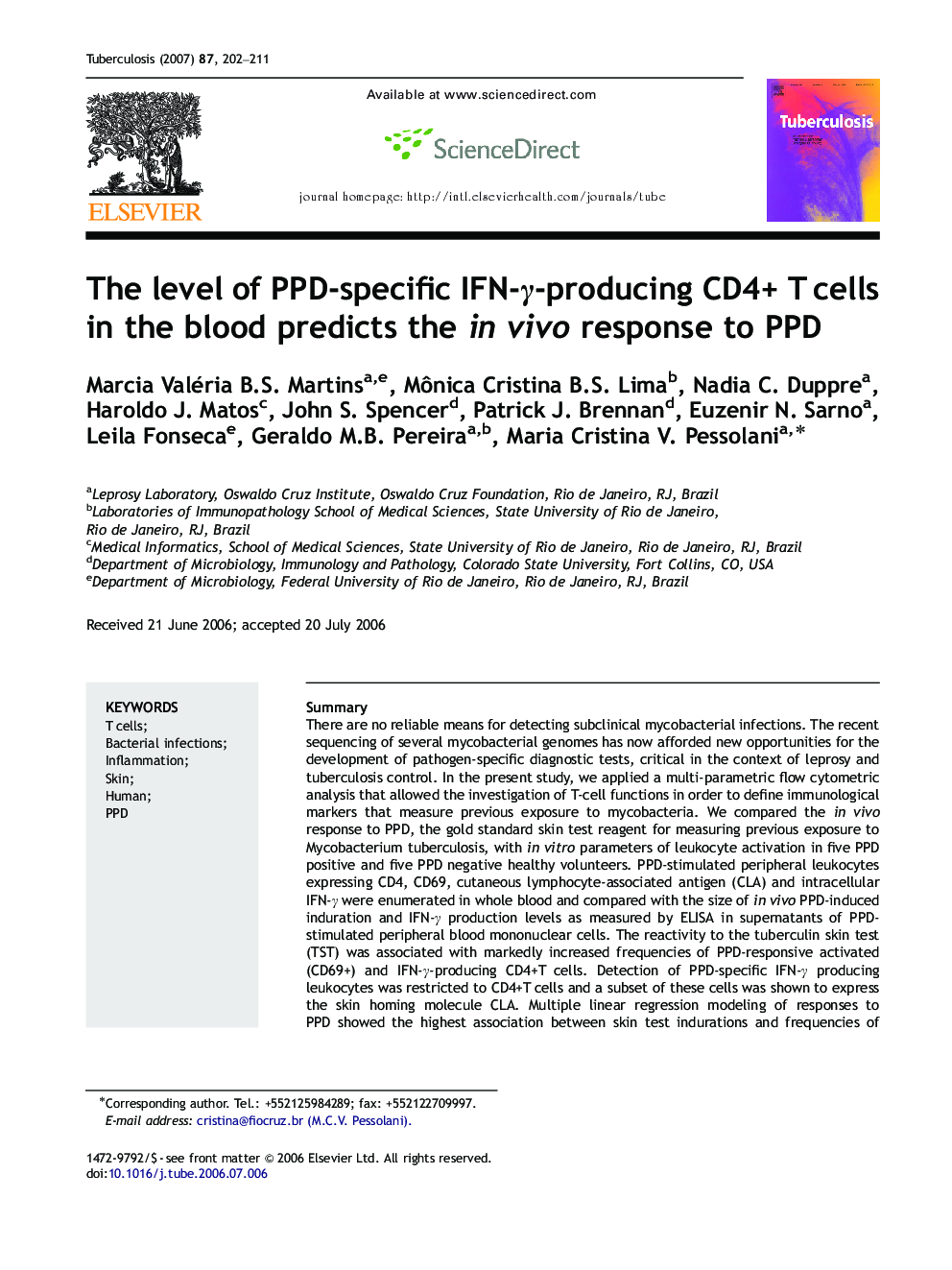 The level of PPD-specific IFN-γ-producing CD4+ T cells in the blood predicts the in vivo response to PPD