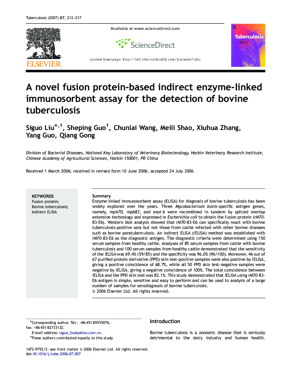 A novel fusion protein-based indirect enzyme-linked immunosorbent assay for the detection of bovine tuberculosis