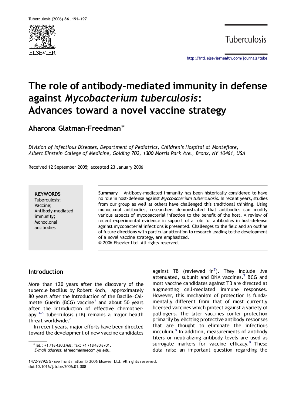 The role of antibody-mediated immunity in defense against Mycobacterium tuberculosis: Advances toward a novel vaccine strategy
