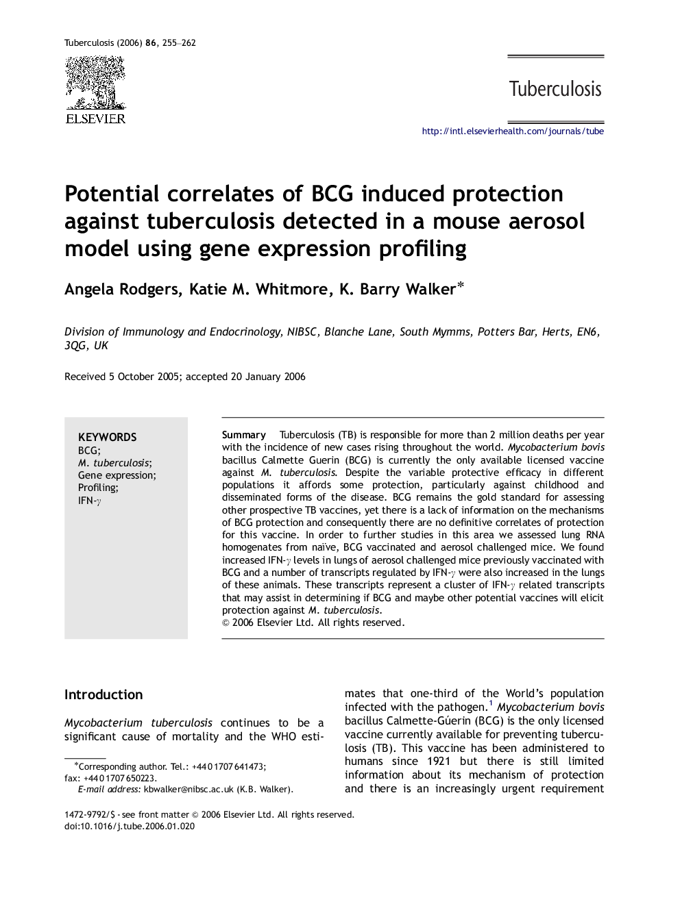 Potential correlates of BCG induced protection against tuberculosis detected in a mouse aerosol model using gene expression profiling