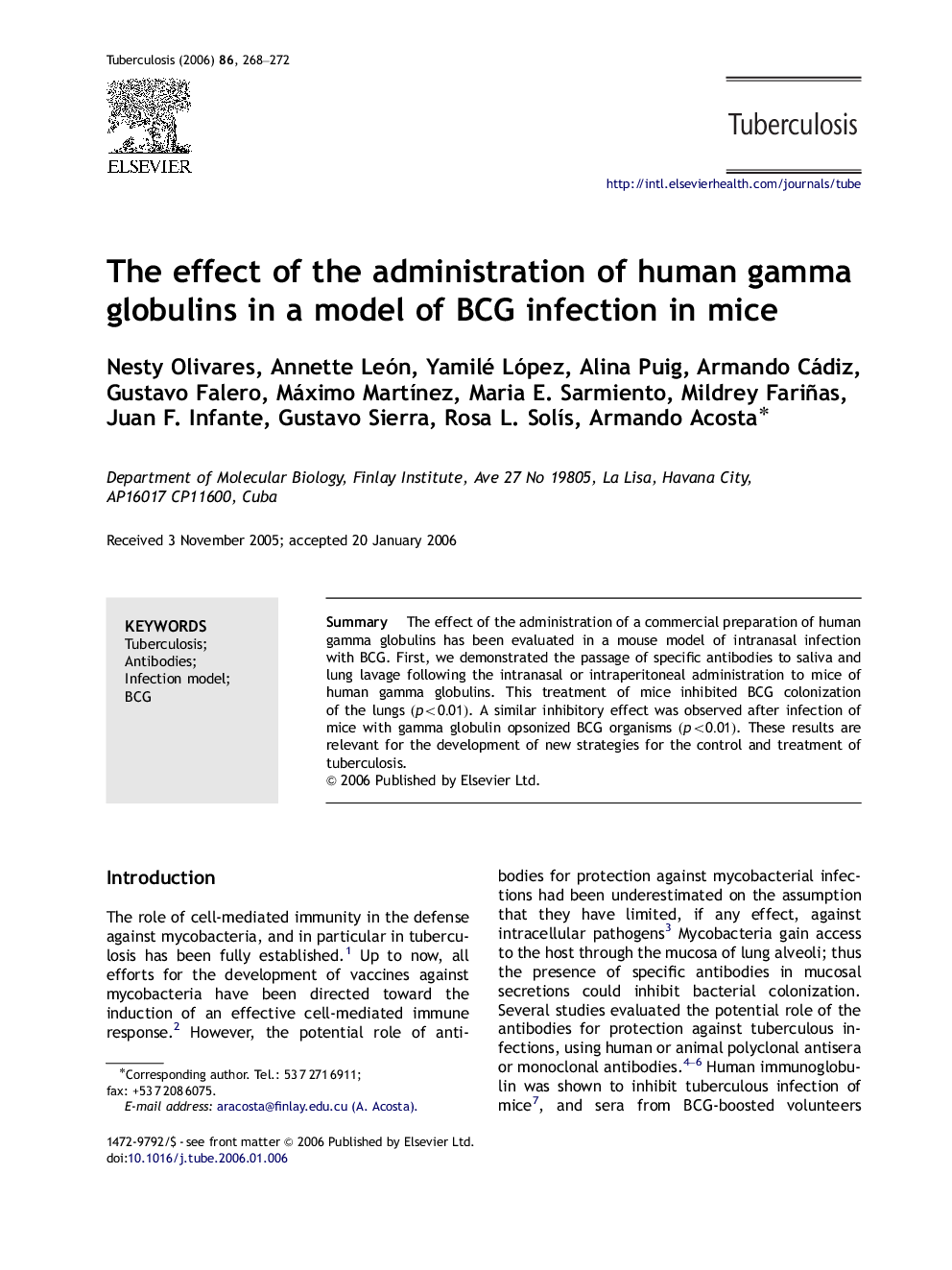 The effect of the administration of human gamma globulins in a model of BCG infection in mice