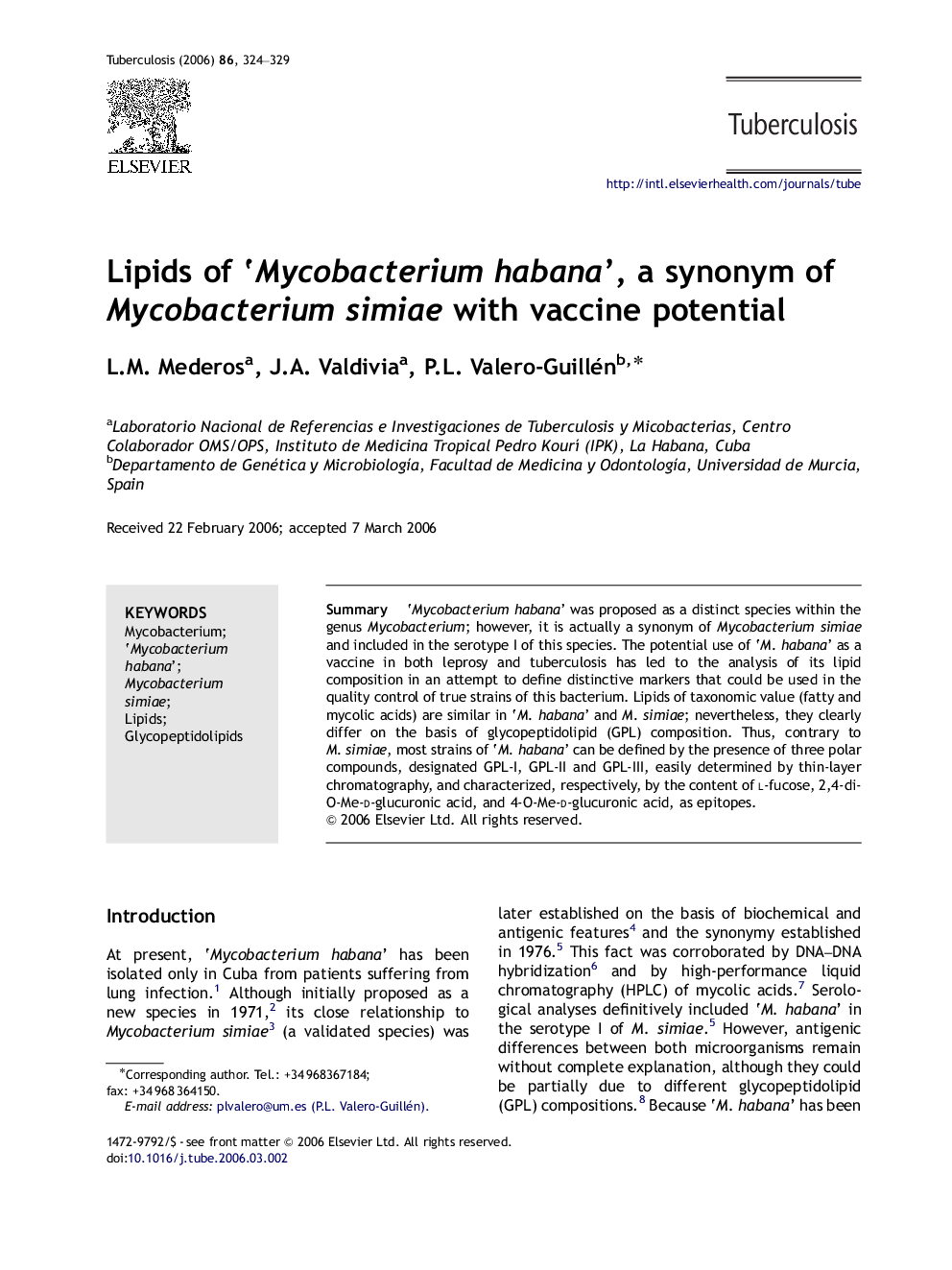 Lipids of ‘Mycobacterium habana’, a synonym of Mycobacterium simiae with vaccine potential