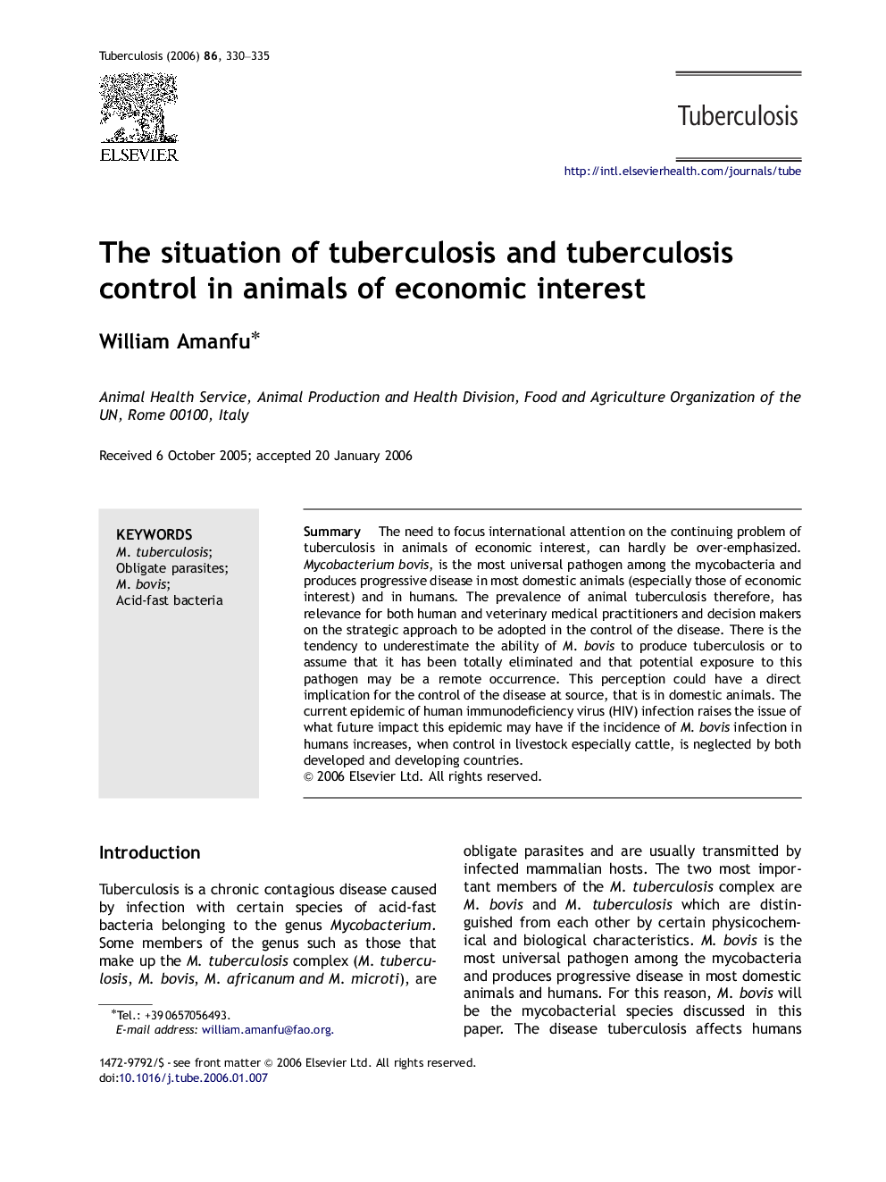 The situation of tuberculosis and tuberculosis control in animals of economic interest
