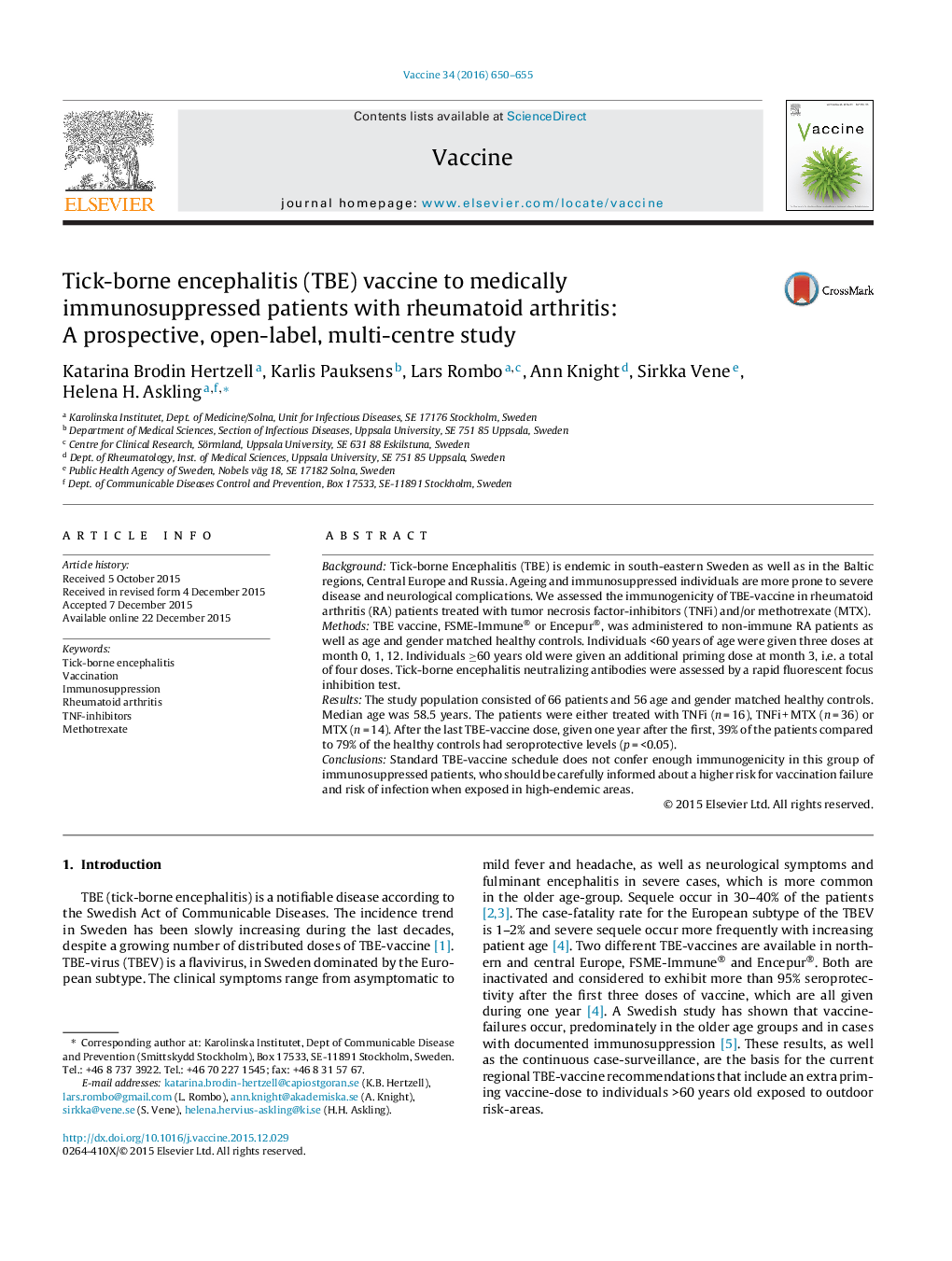 Tick-borne encephalitis (TBE) vaccine to medically immunosuppressed patients with rheumatoid arthritis: A prospective, open-label, multi-centre study