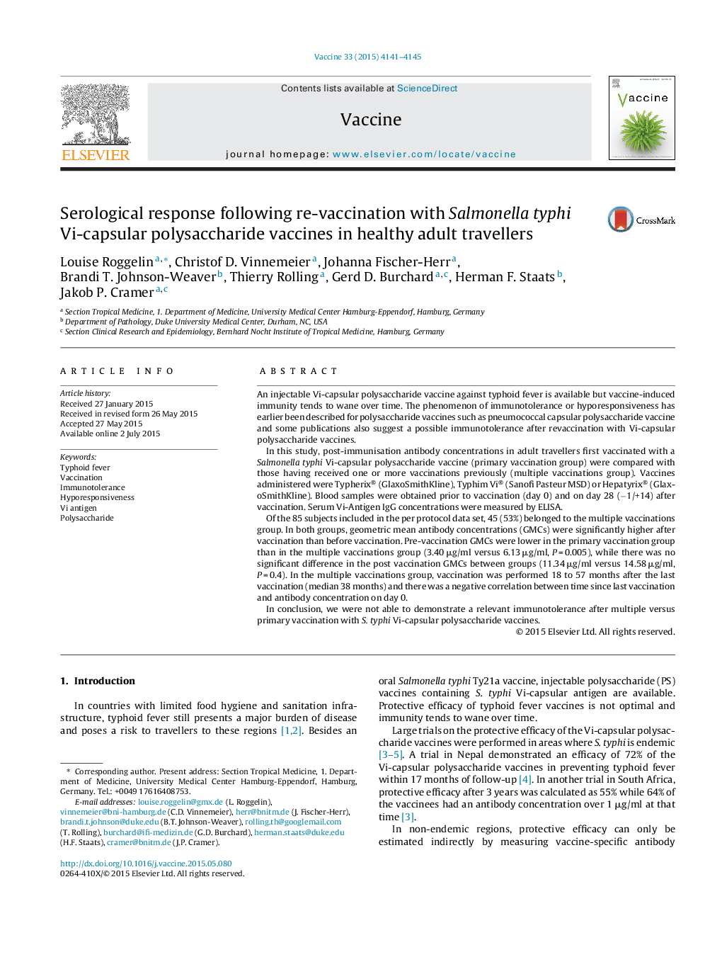 Serological response following re-vaccination with Salmonella typhi Vi-capsular polysaccharide vaccines in healthy adult travellers