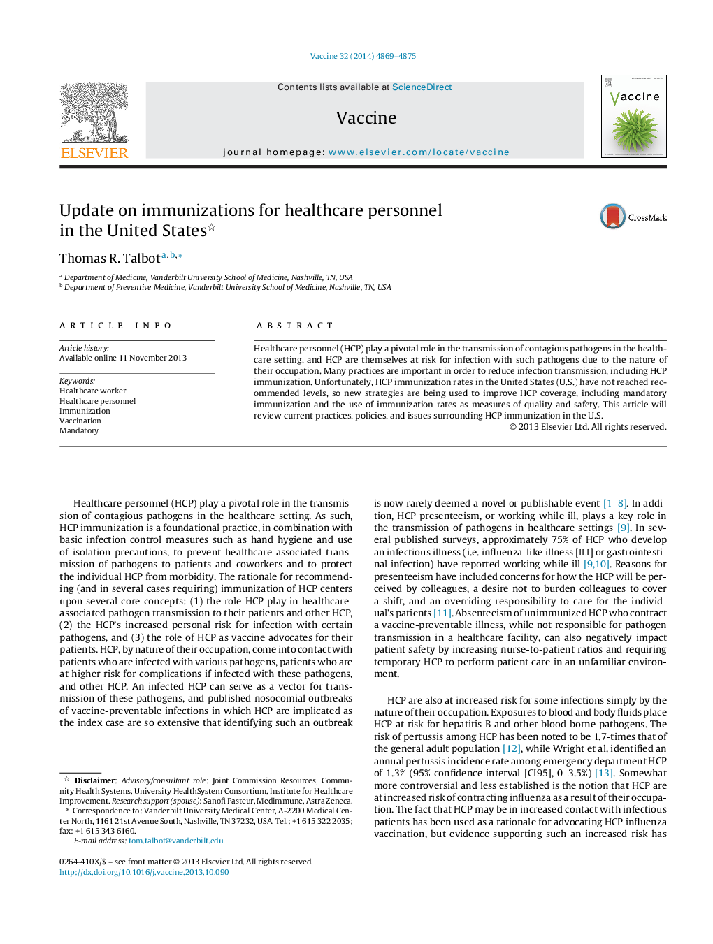 Update on immunizations for healthcare personnel in the United States 