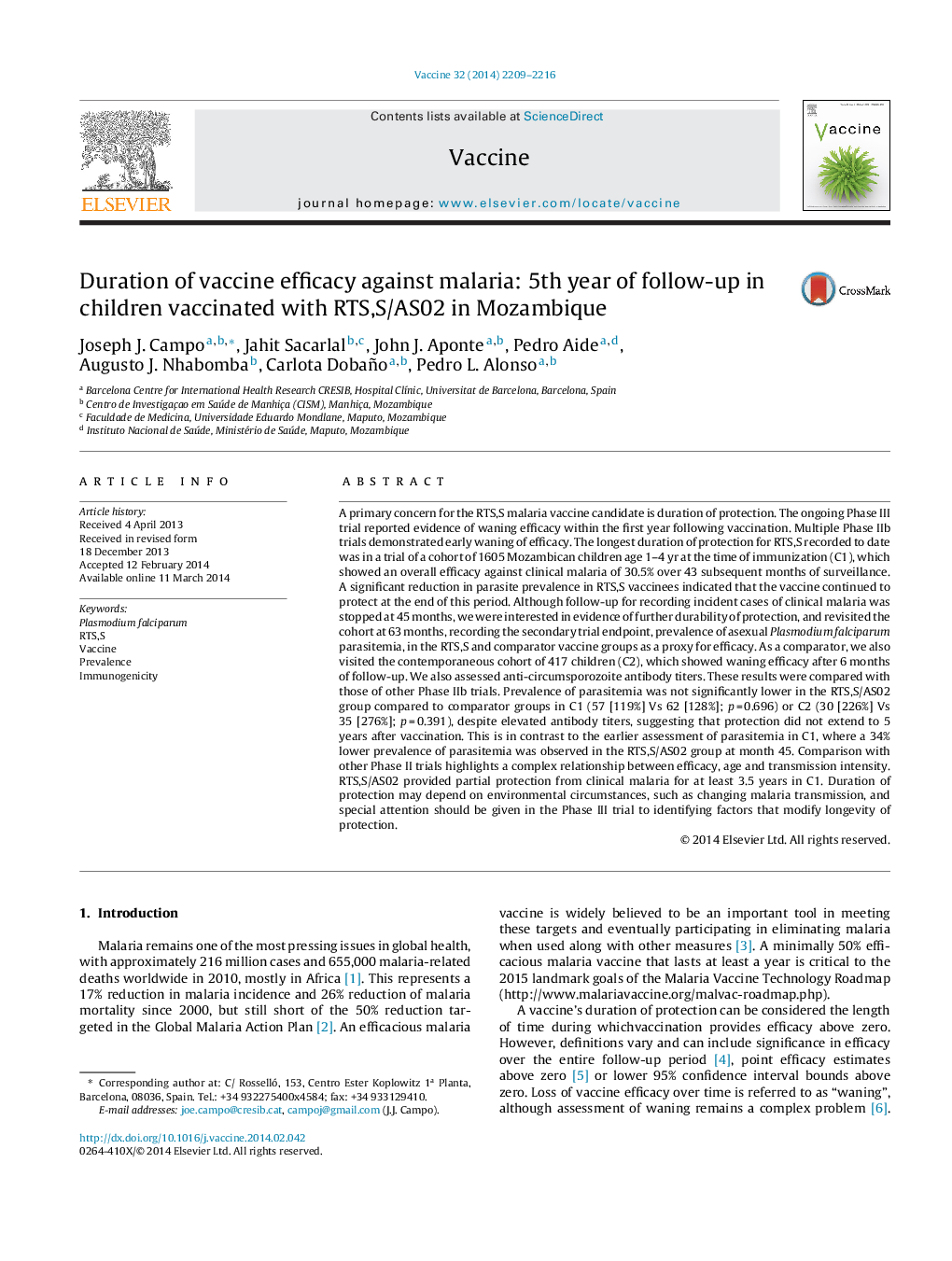 Duration of vaccine efficacy against malaria: 5th year of follow-up in children vaccinated with RTS,S/AS02 in Mozambique