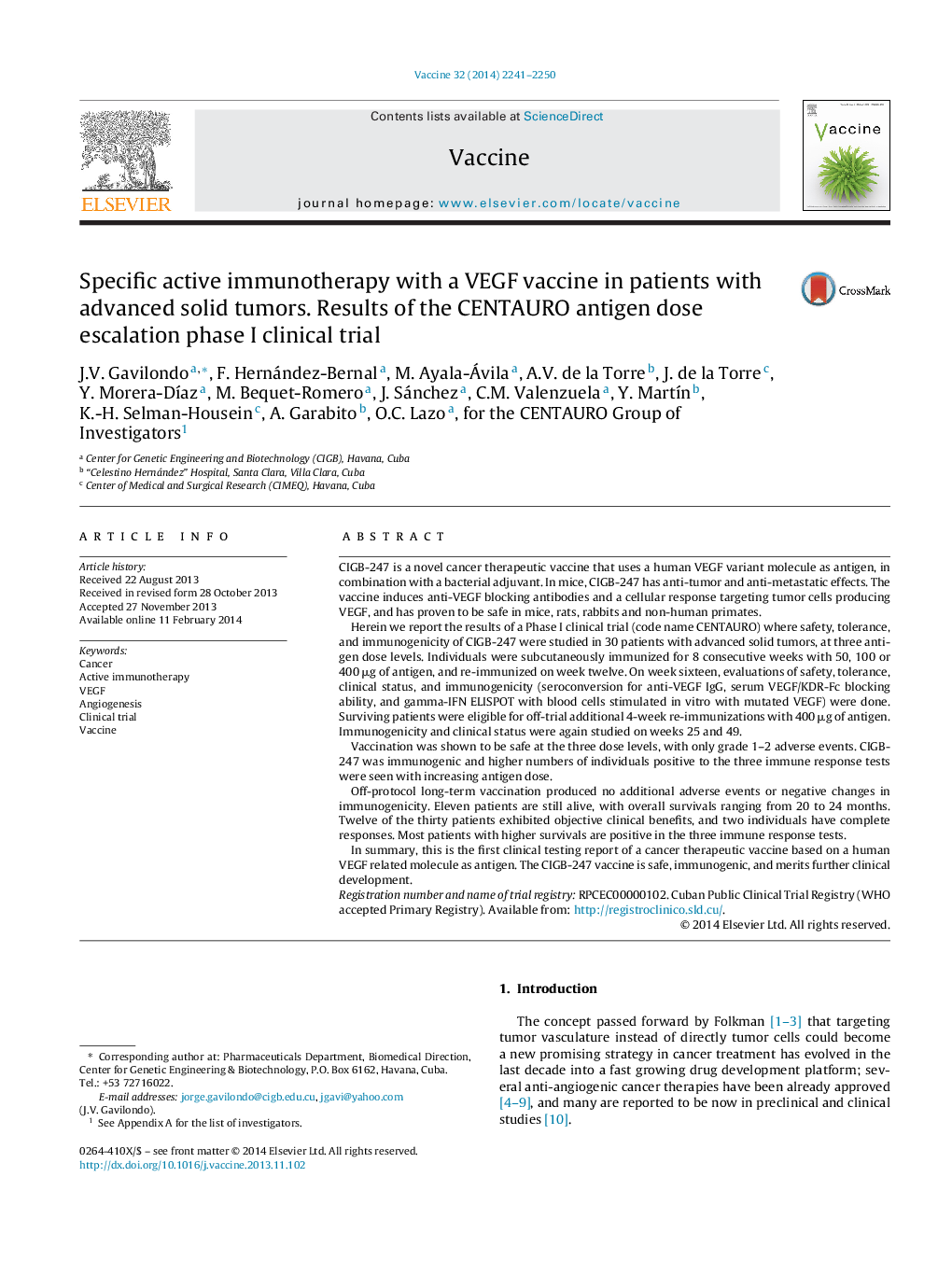 Specific active immunotherapy with a VEGF vaccine in patients with advanced solid tumors. Results of the CENTAURO antigen dose escalation phase I clinical trial