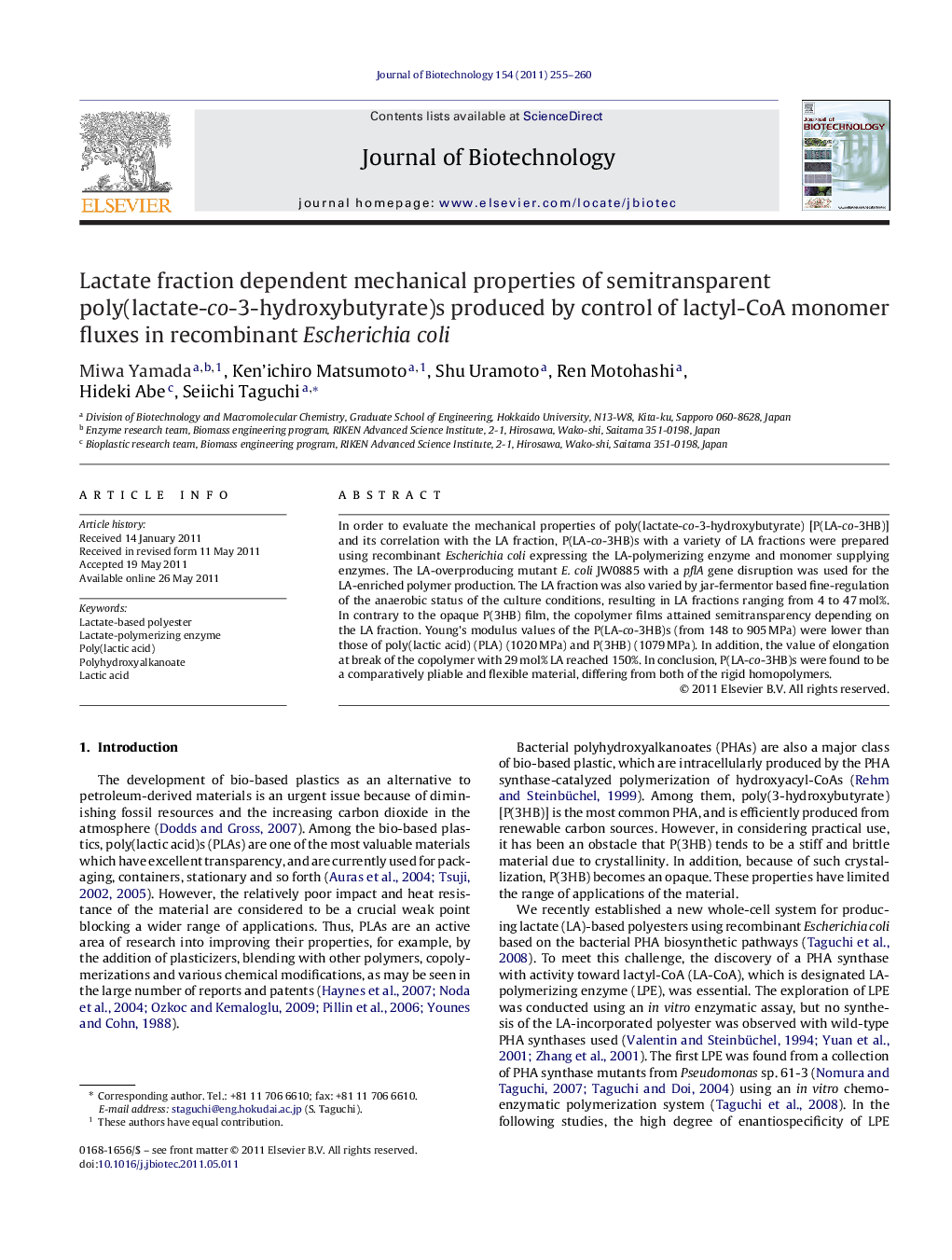 Lactate fraction dependent mechanical properties of semitransparent poly(lactate-co-3-hydroxybutyrate)s produced by control of lactyl-CoA monomer fluxes in recombinant Escherichia coli