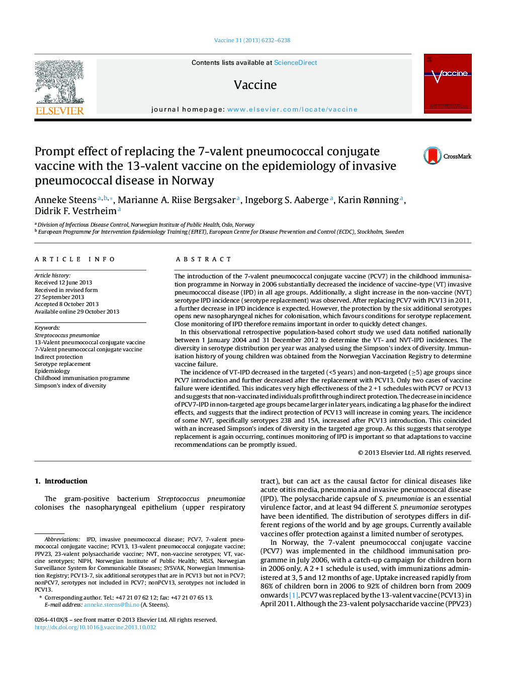 Prompt effect of replacing the 7-valent pneumococcal conjugate vaccine with the 13-valent vaccine on the epidemiology of invasive pneumococcal disease in Norway