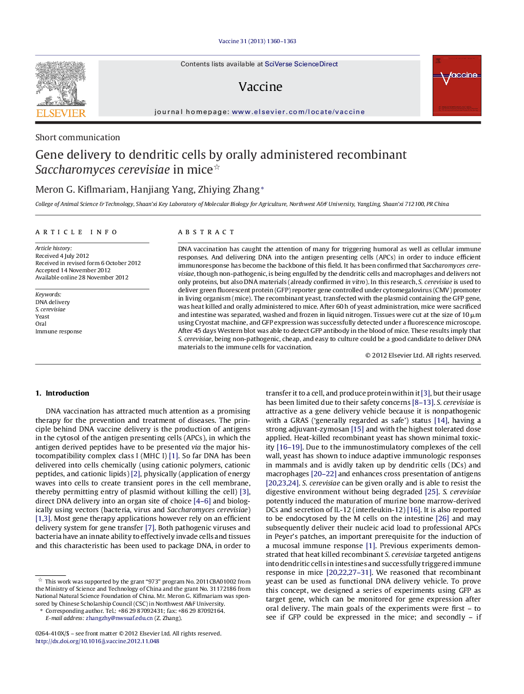 Gene delivery to dendritic cells by orally administered recombinant Saccharomyces cerevisiae in mice 