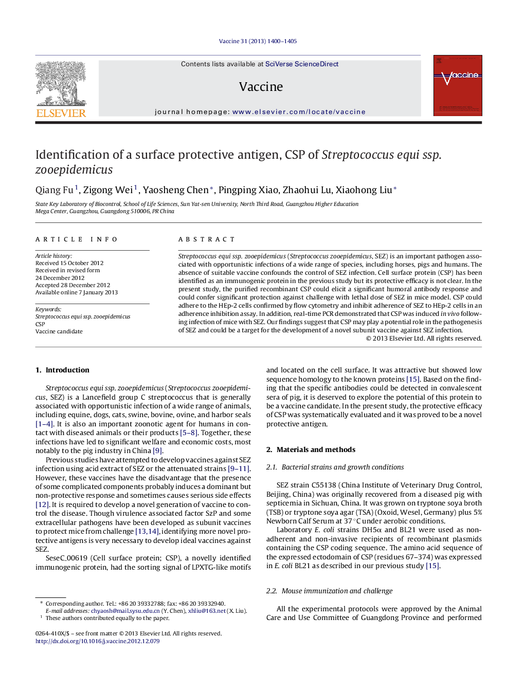 Identification of a surface protective antigen, CSP of Streptococcus equi ssp. zooepidemicus