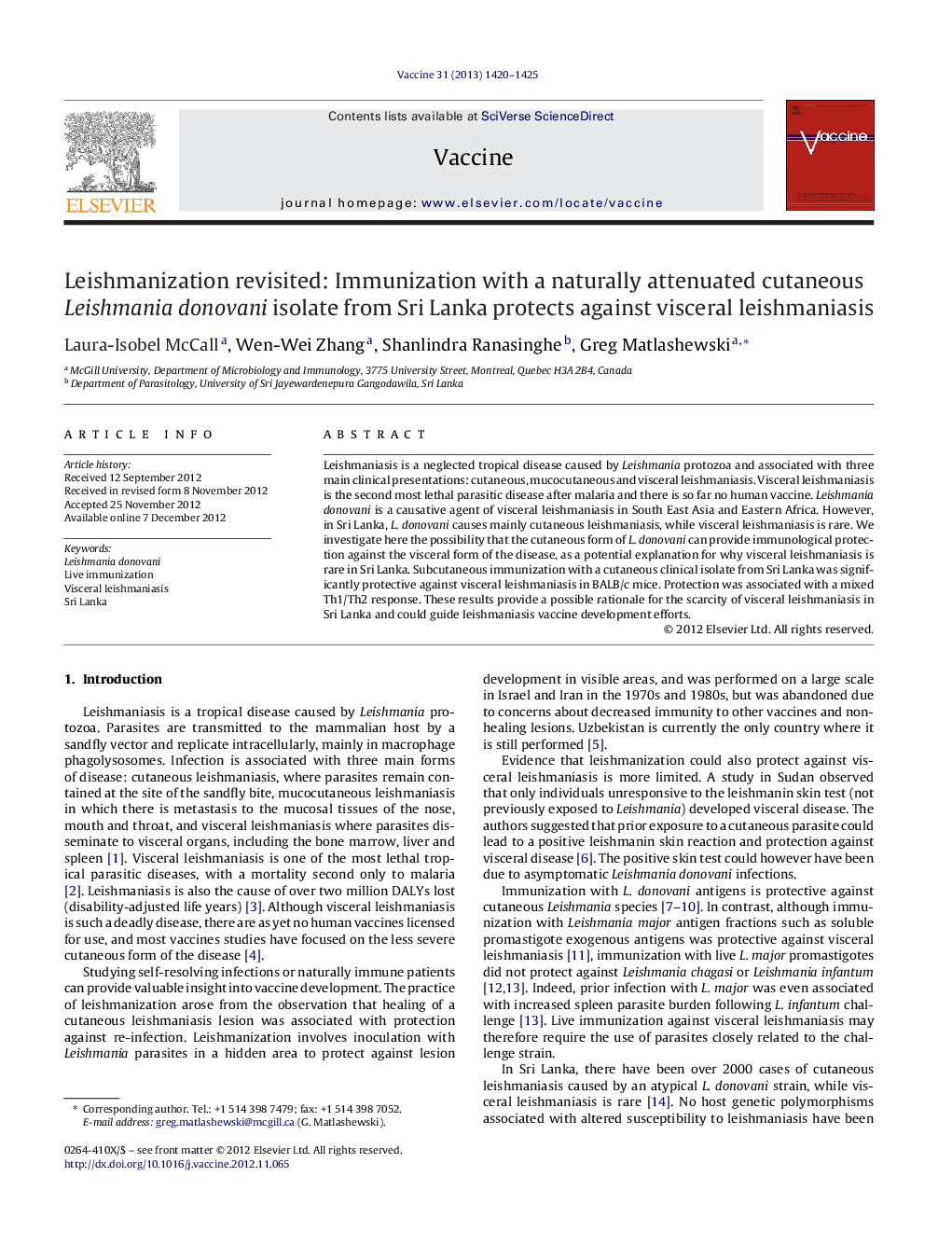 Leishmanization revisited: Immunization with a naturally attenuated cutaneous Leishmania donovani isolate from Sri Lanka protects against visceral leishmaniasis