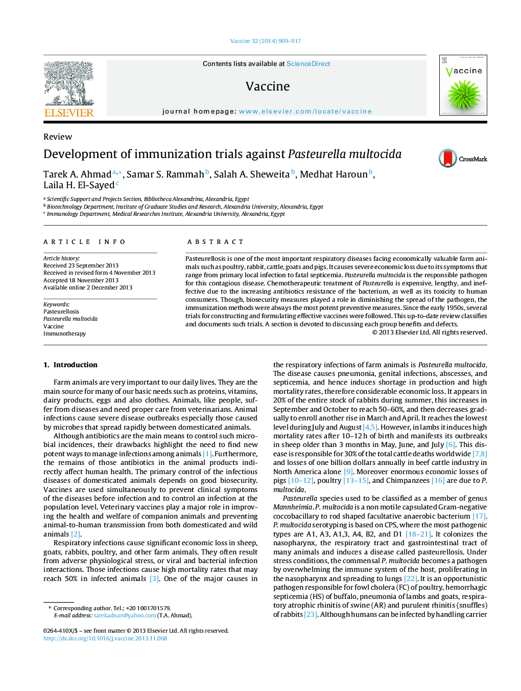 Development of immunization trials against Pasteurella multocida