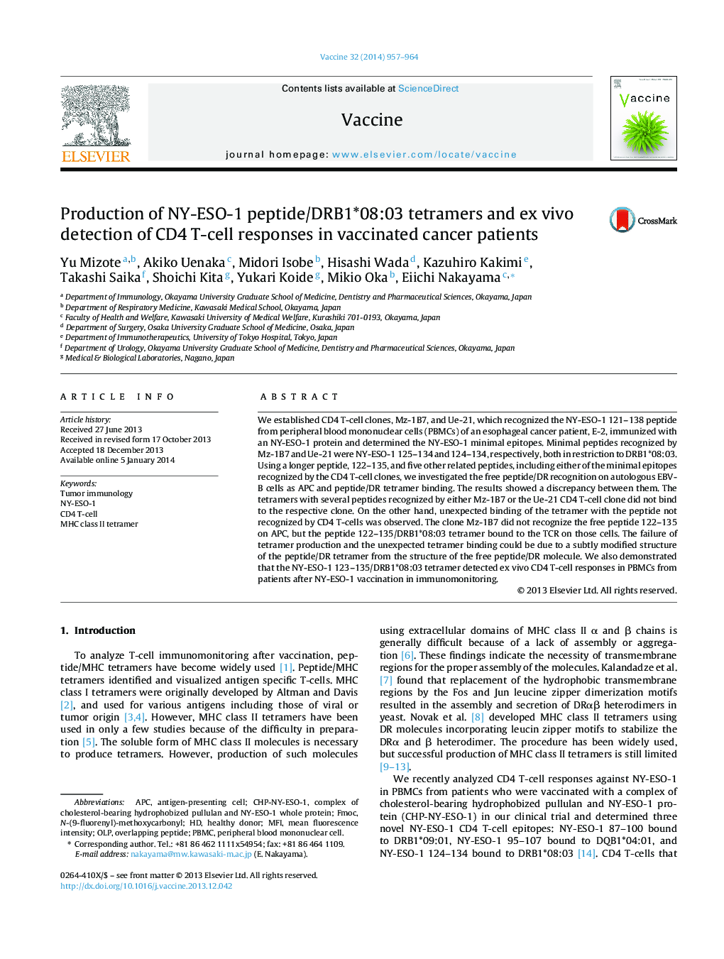 Production of NY-ESO-1 peptide/DRB1*08:03 tetramers and ex vivo detection of CD4 T-cell responses in vaccinated cancer patients