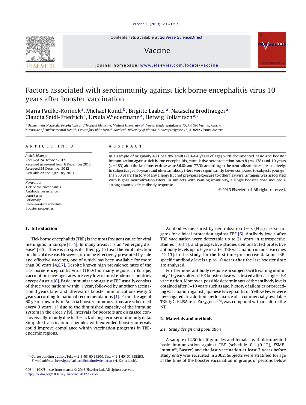 Factors associated with seroimmunity against tick borne encephalitis virus 10 years after booster vaccination