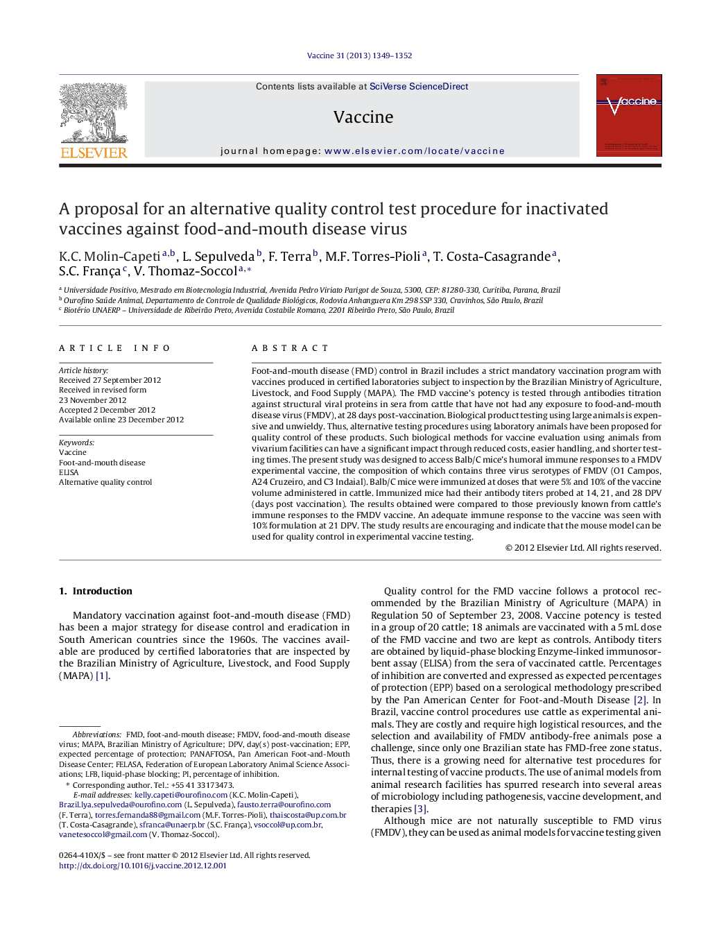 A proposal for an alternative quality control test procedure for inactivated vaccines against food-and-mouth disease virus