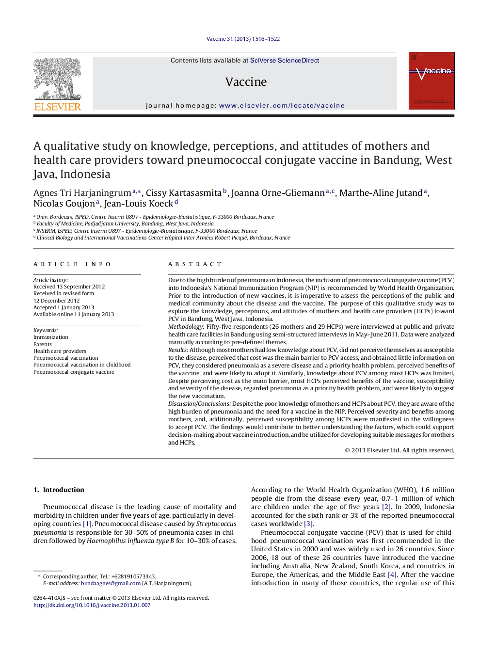 A qualitative study on knowledge, perceptions, and attitudes of mothers and health care providers toward pneumococcal conjugate vaccine in Bandung, West Java, Indonesia