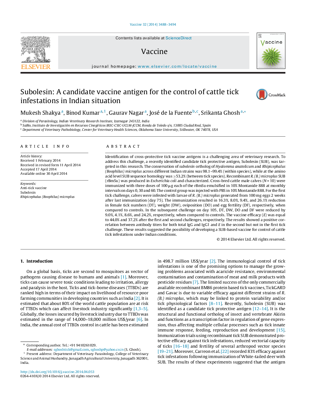 Subolesin: A candidate vaccine antigen for the control of cattle tick infestations in Indian situation