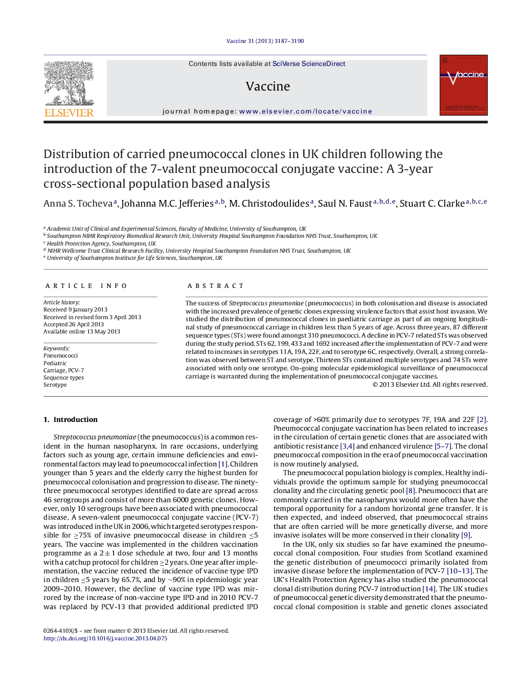 Distribution of carried pneumococcal clones in UK children following the introduction of the 7-valent pneumococcal conjugate vaccine: A 3-year cross-sectional population based analysis