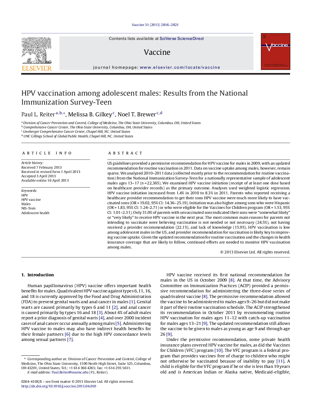 HPV vaccination among adolescent males: Results from the National Immunization Survey-Teen