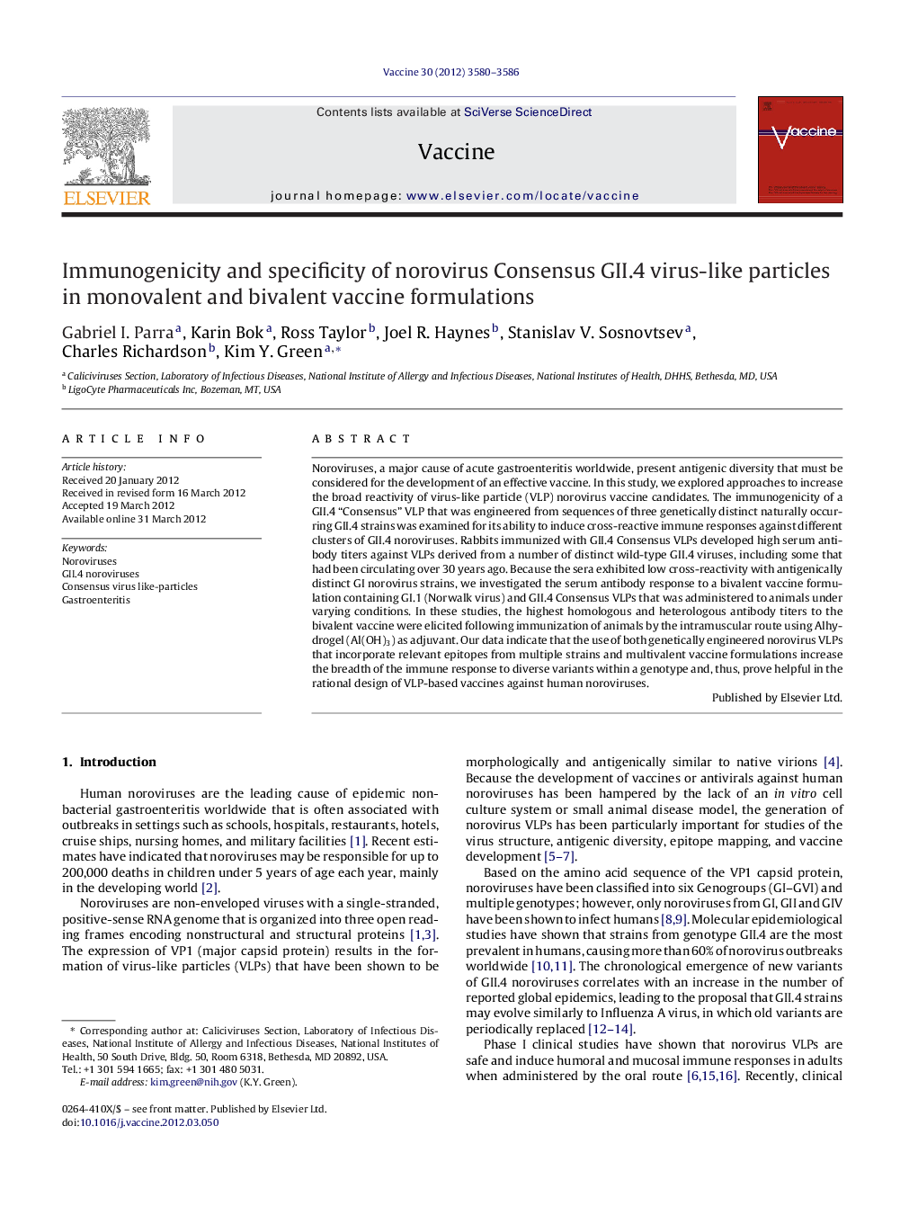 Immunogenicity and specificity of norovirus Consensus GII.4 virus-like particles in monovalent and bivalent vaccine formulations