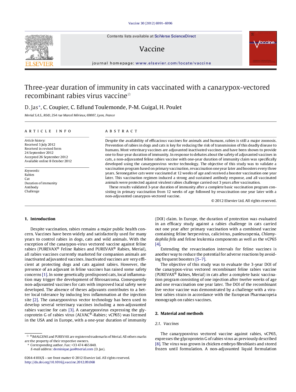 Three-year duration of immunity in cats vaccinated with a canarypox-vectored recombinant rabies virus vaccine 