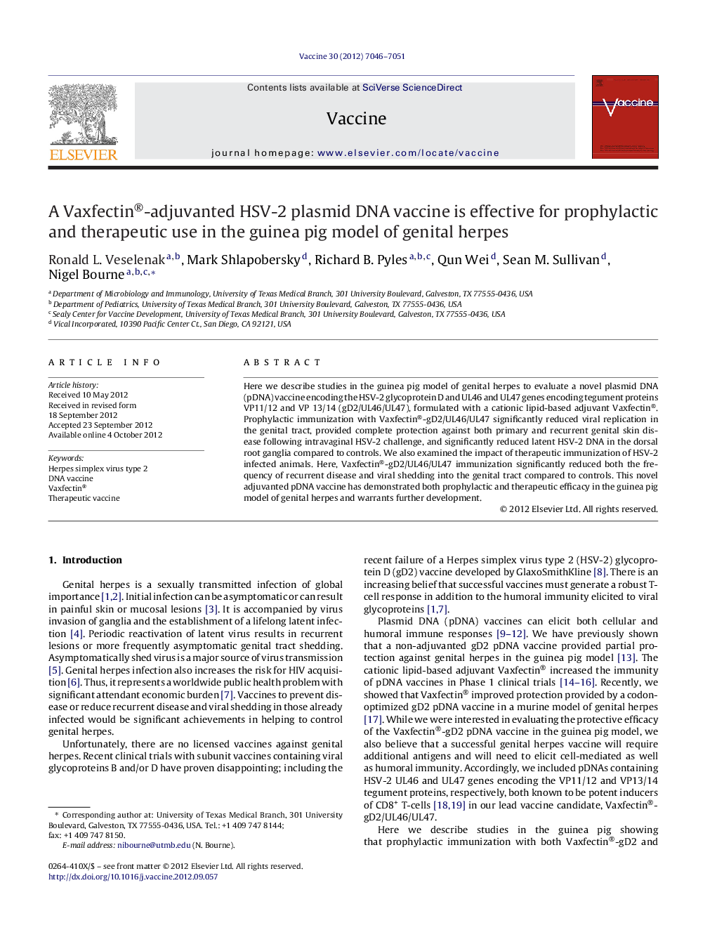 A Vaxfectin®-adjuvanted HSV-2 plasmid DNA vaccine is effective for prophylactic and therapeutic use in the guinea pig model of genital herpes