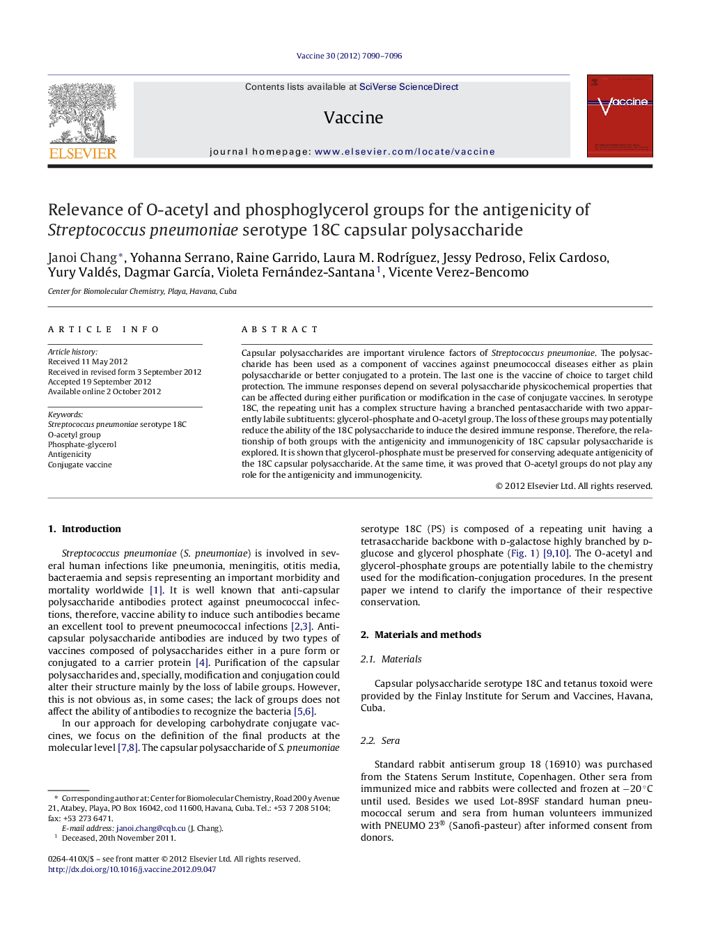 Relevance of O-acetyl and phosphoglycerol groups for the antigenicity of Streptococcus pneumoniae serotype 18C capsular polysaccharide