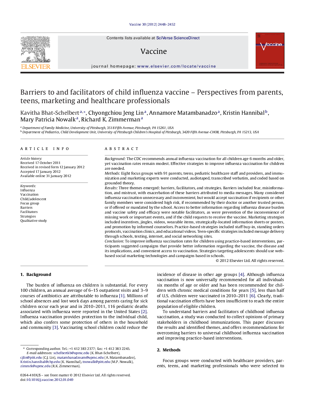 Barriers to and facilitators of child influenza vaccine – Perspectives from parents, teens, marketing and healthcare professionals