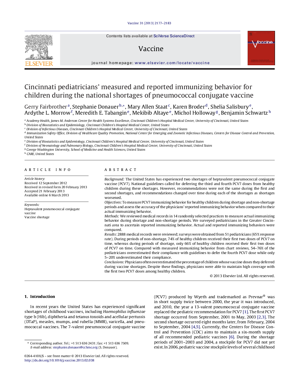 Cincinnati pediatricians’ measured and reported immunizing behavior for children during the national shortages of pneumococcal conjugate vaccine