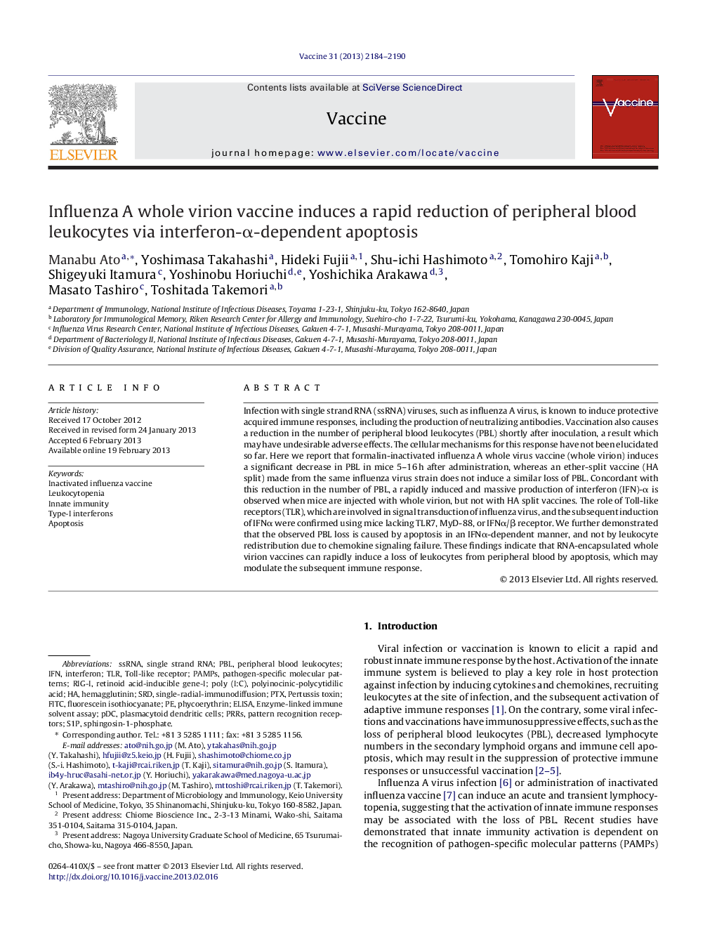 Influenza A whole virion vaccine induces a rapid reduction of peripheral blood leukocytes via interferon-α-dependent apoptosis