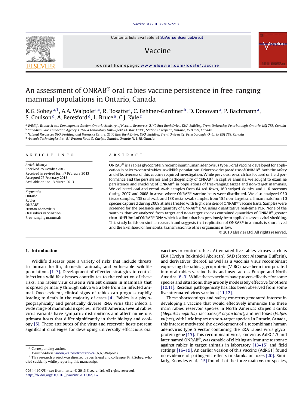 An assessment of ONRAB® oral rabies vaccine persistence in free-ranging mammal populations in Ontario, Canada