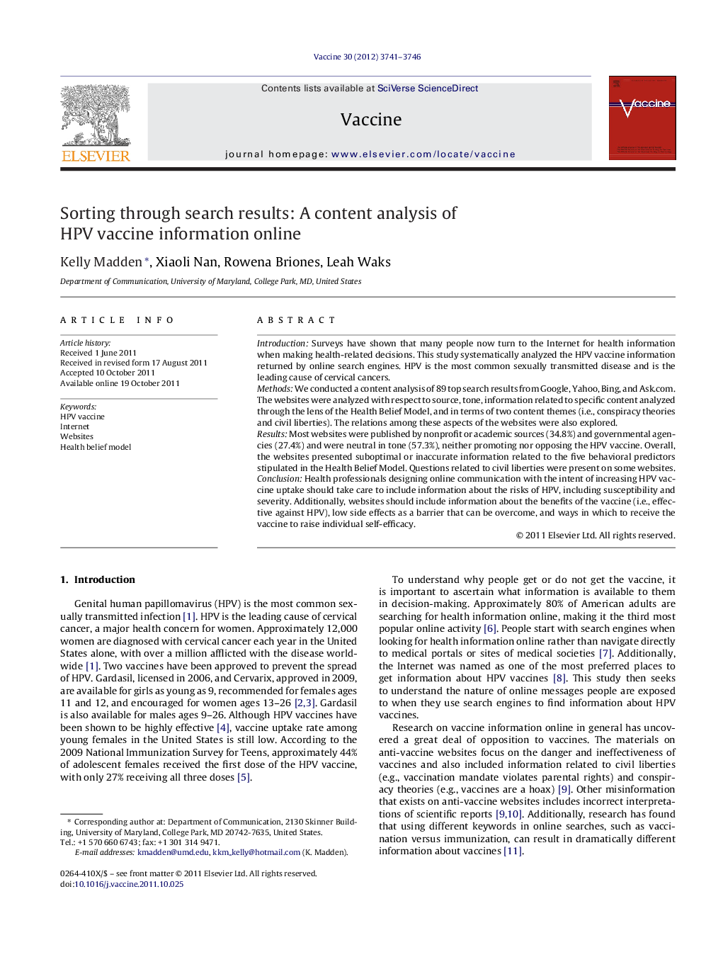 Sorting through search results: A content analysis of HPV vaccine information online