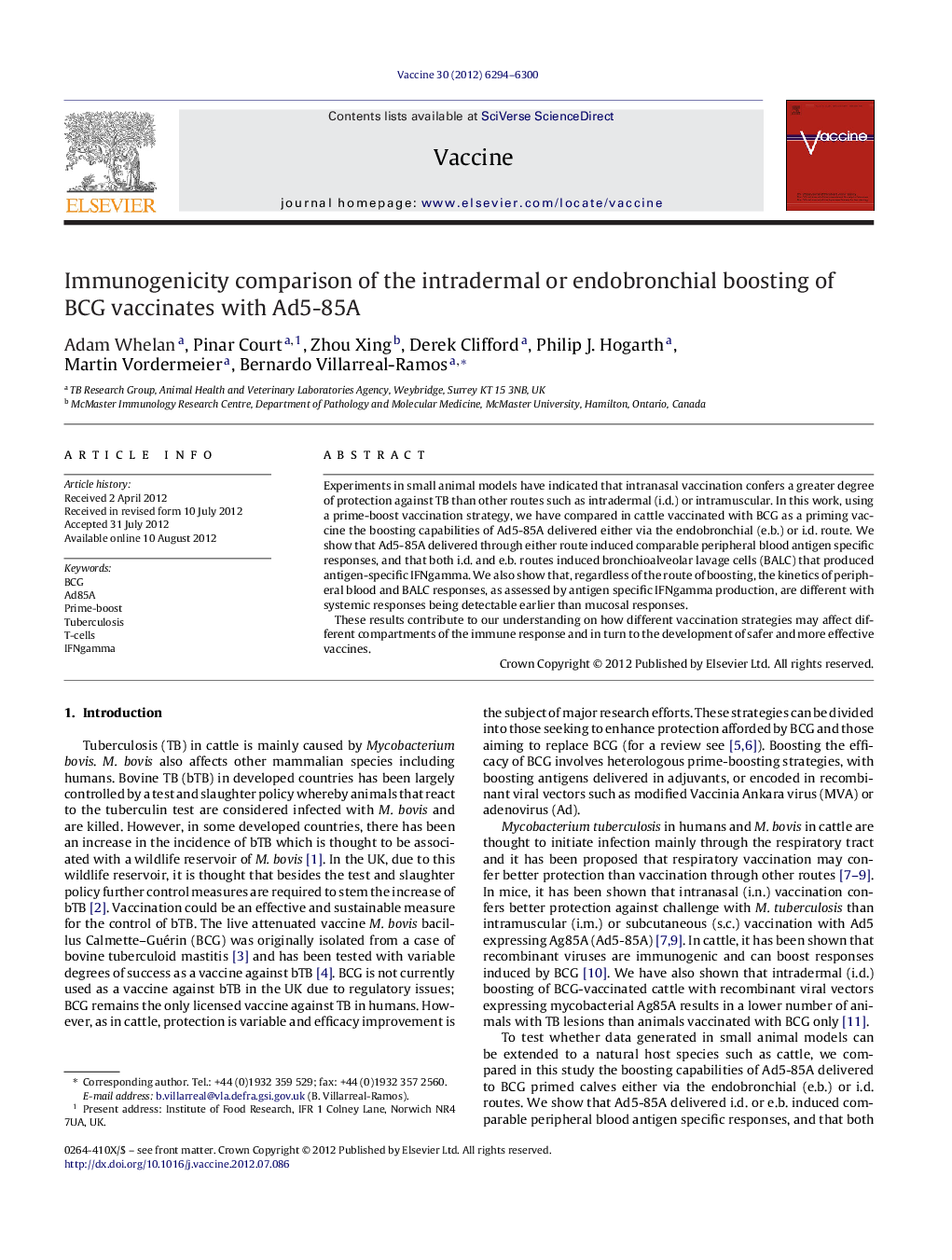 Immunogenicity comparison of the intradermal or endobronchial boosting of BCG vaccinates with Ad5-85A