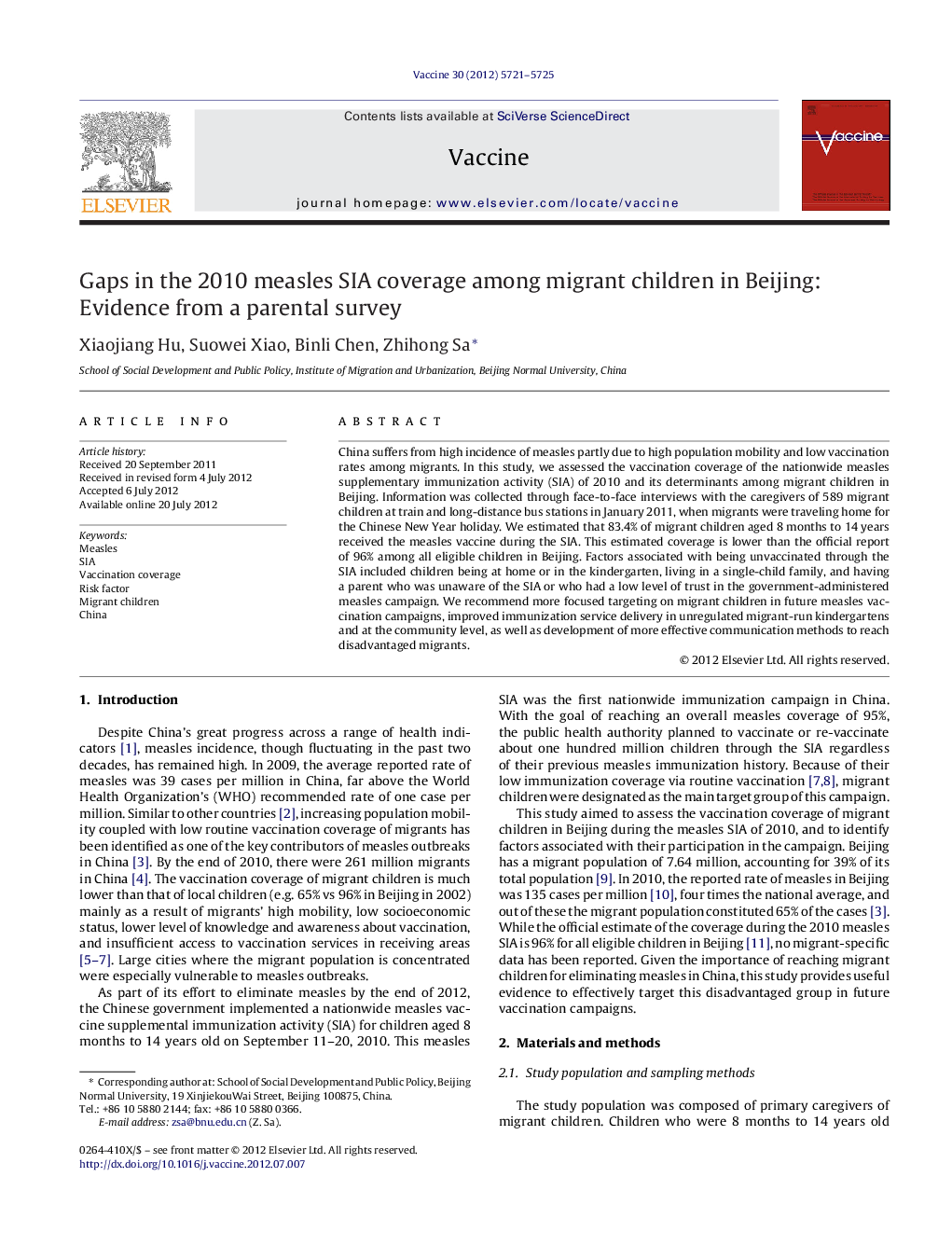 Gaps in the 2010 measles SIA coverage among migrant children in Beijing: Evidence from a parental survey