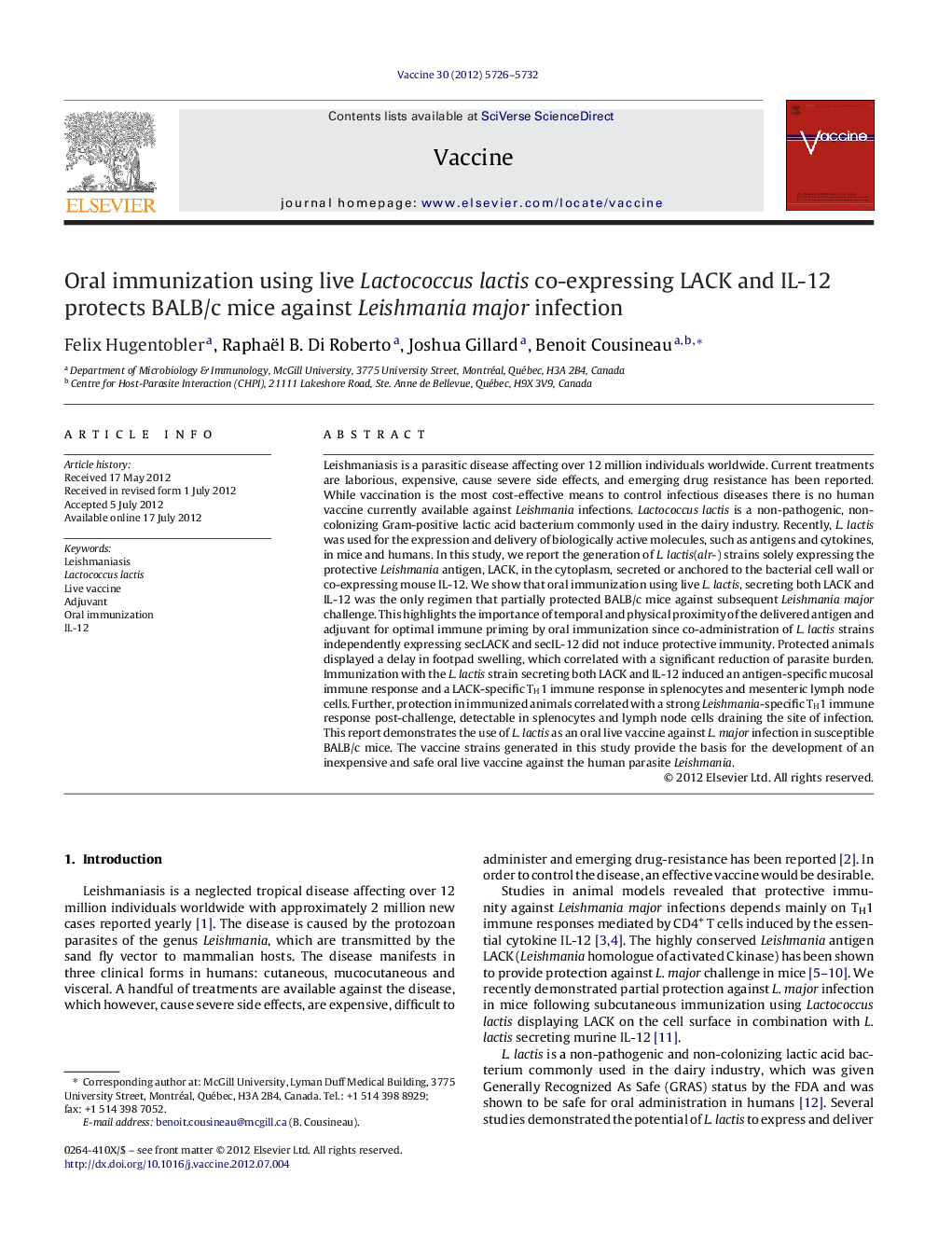 Oral immunization using live Lactococcus lactis co-expressing LACK and IL-12 protects BALB/c mice against Leishmania major infection