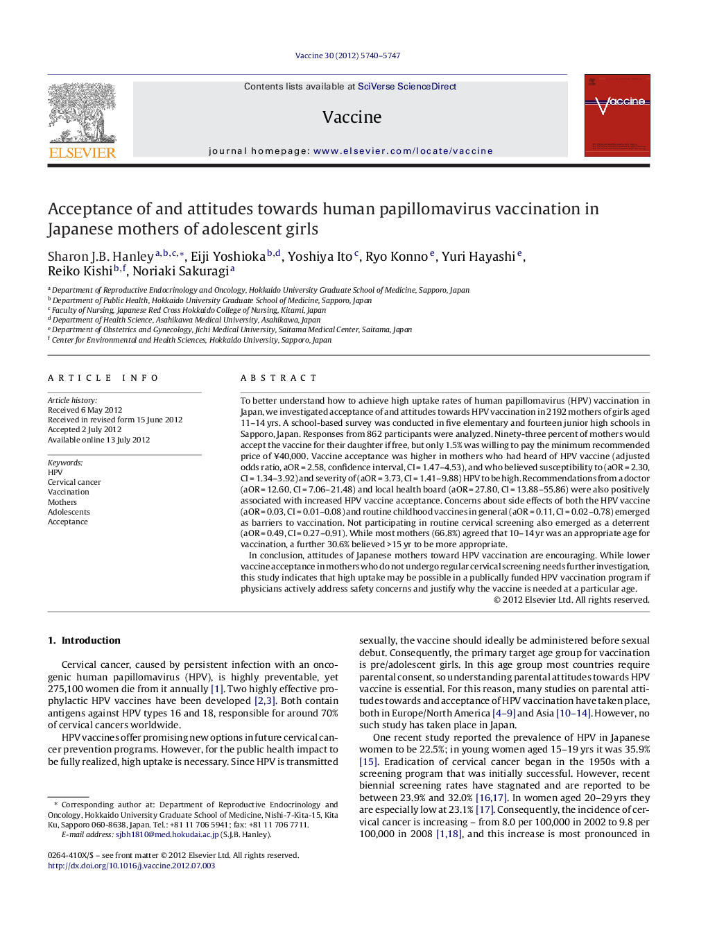 Acceptance of and attitudes towards human papillomavirus vaccination in Japanese mothers of adolescent girls